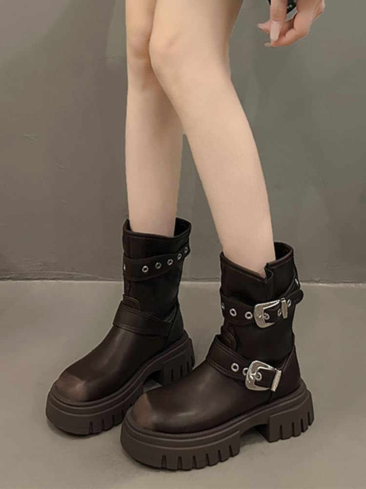 厚底バックルデザインバイクブーツ