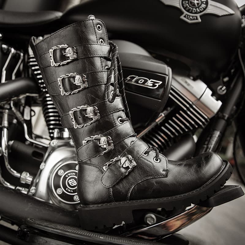 バイクブーツ 多連ベルト付きバイカーロングブーツ