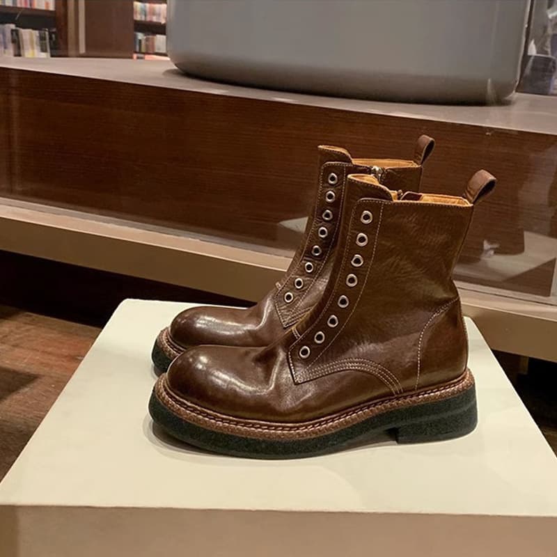 サイドジップ 厚底 レザーバイクブーツ