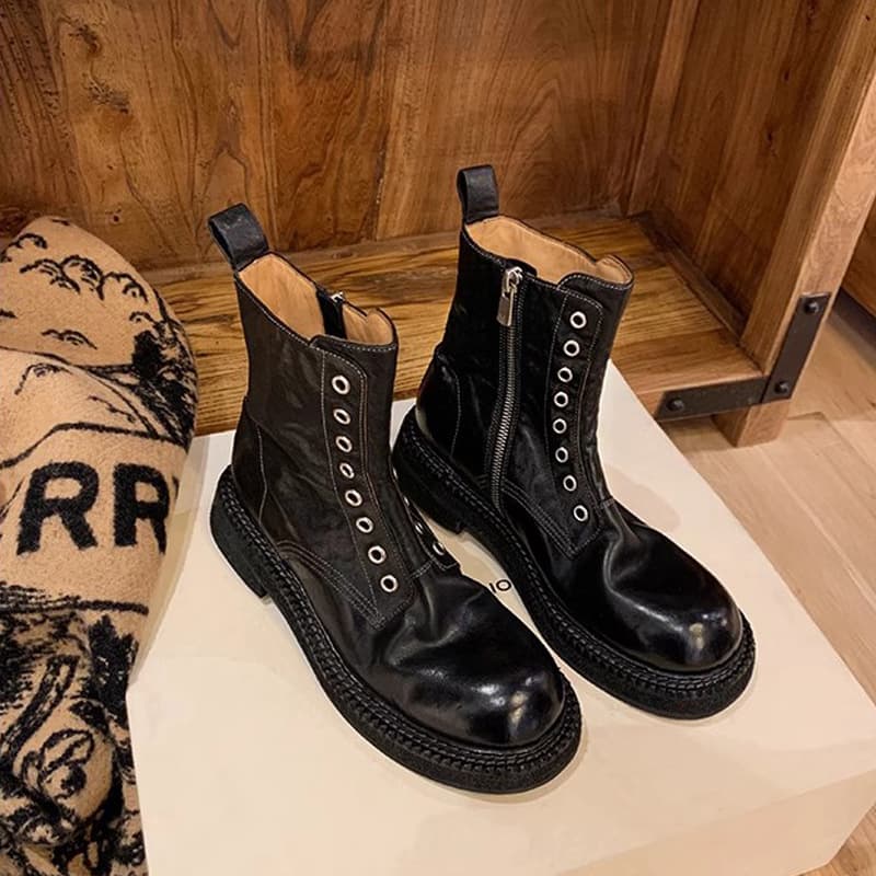 サイドジップ 厚底 レザーバイクブーツ