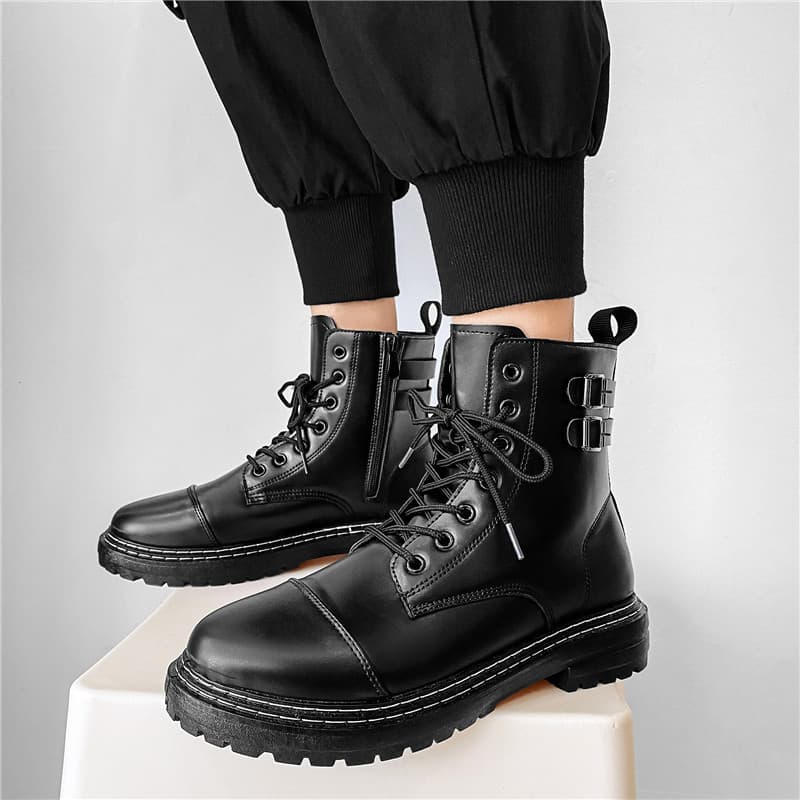 厚底サイドジッパー本革バイクブーツ