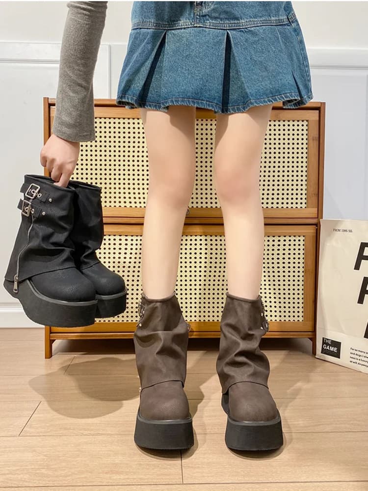 バイクブーツ 厚底ベルトジッパーショートブーツ