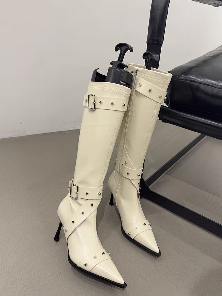 バイクブーツ スタッズ付きポインテッドロングブーツ